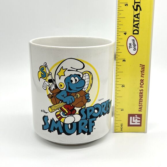 VTG Sporty Smurf Coffee Mug 1981 Wallace Berrie Peyo SEPP Gold Tennis Ceramic - Picture 2 of 11